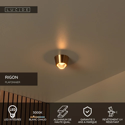 Lucide RIGON - Plafonnier - Ø 9 cm - LED - 1x7W 3000K - Or Mat / Laiton - USP